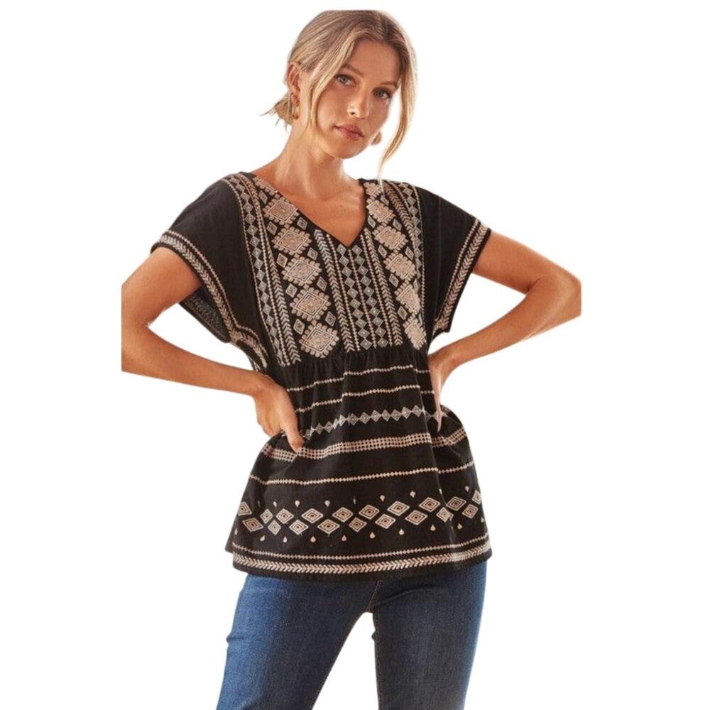 Savanna Jane embroidered Babydoll top Aztec inspired V-neck size Large